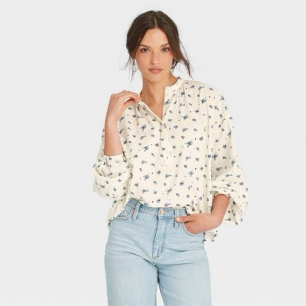 Women’s Balloon Long Sleeve Poet Top - Universal Thread Cream Floral XXL Target